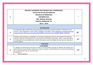 12 
1 
ESCUELA SUPERIOR POLITECNICA DEL CHIMBORAZO 
FACULTAD DE SALUD PUBLICA 
ESCUELA DE MEDICINA 
INFORMATICA 
ING. MIGUEL ÁVALOS 
CUARTO SEMESTRE “B” 
2014 - 2015 
’’ 
Introducción 
2 
En el presente video conoceremos acerca del software de base que sirve para controlar e interactuar con el 
sistema, es decir proporciona control sobre el hardware y da soporte a otros programas, la naturaleza de estos 
es que necesita un diseño que esté íntimamente ligado a la estructura de la maquina donde se ejecutan. 
20’’ 
3 
El objetivo de este trabajo es comprender los conceptos, importancia, técnicas, herramientas de la base de 
datos por medio de la investigación y la creación de un video educativo para poder aplicar este conocimiento 
en el desarrollo de esta asignatura para nuestra vida diaria ya que la tecnología está más presente cada día en 
nuestros hábitos. 
21” 
Contenido 
4 
EL SOFTWARE 
El software de administración de bases de datos es la herramienta principal de software del enfoque de la 
administración de base de datos, dado que controla la creación, el mantenimiento y el uso de la base de datos 
de una organización y de sus usuarios finales. 
Se clasifica en: 
1. Sistema operativo 
24” 
 