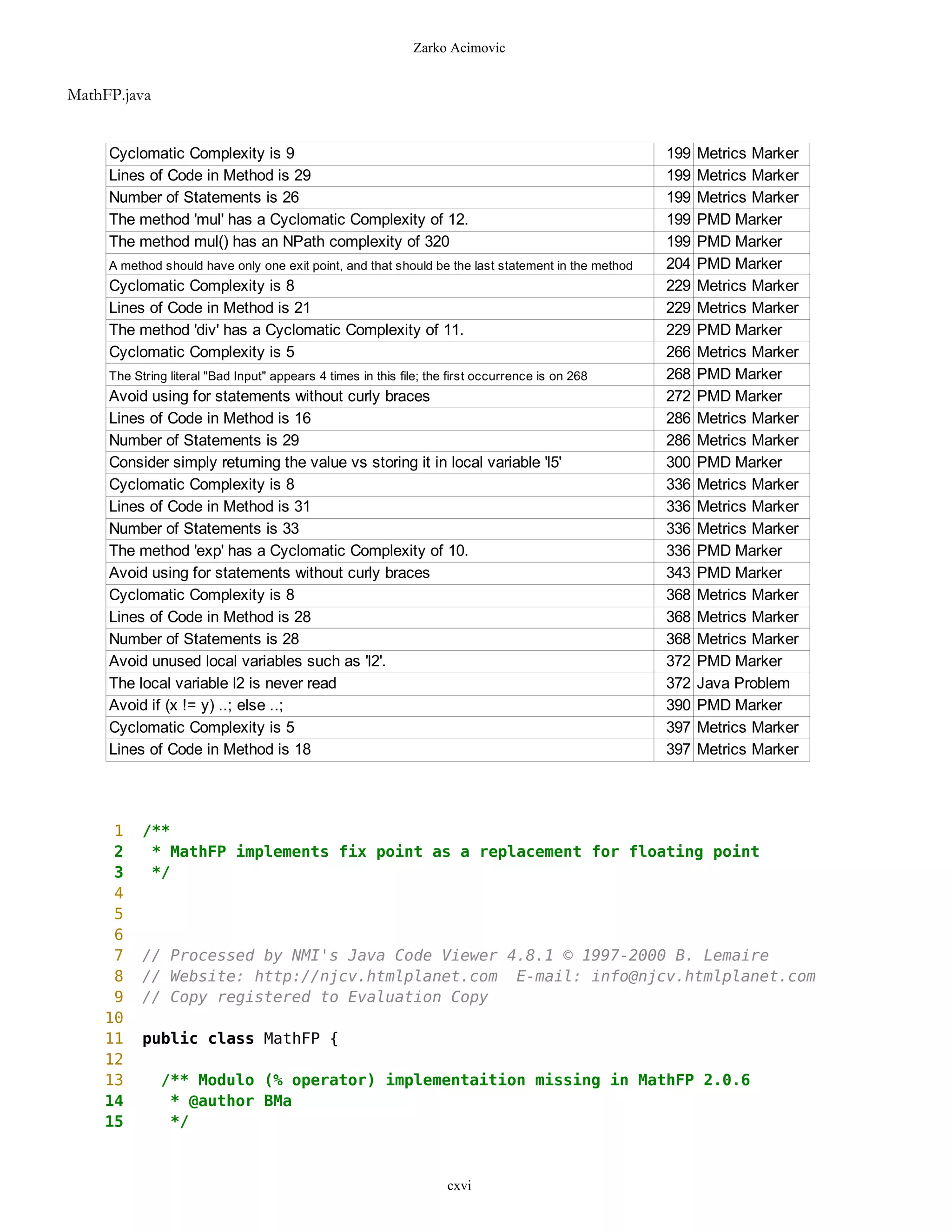 Zarko Acimovic


MathFP.java


     Cyclomatic Complexity is 9                                                                      199   Metrics Marker
     Lines of Code in Method is 29                                                                   199   Metrics Marker
     Number of Statements is 26                                                                      199   Metrics Marker
     The method 'mul' has a Cyclomatic Complexity of 12.                                             199   PMD Marker
     The method mul() has an NPath complexity of 320                                                 199   PMD Marker
     A method should have only one exit point, and that should be the last statement in the method   204   PMD Marker
     Cyclomatic Complexity is 8                                                                      229   Metrics Marker
     Lines of Code in Method is 21                                                                   229   Metrics Marker
     The method 'div' has a Cyclomatic Complexity of 11.                                             229   PMD Marker
     Cyclomatic Complexity is 5                                                                      266   Metrics Marker
     The String literal "Bad Input" appears 4 times in this file; the first occurrence is on 268     268   PMD Marker
     Avoid using for statements without curly braces                                                 272   PMD Marker
     Lines of Code in Method is 16                                                                   286   Metrics Marker
     Number of Statements is 29                                                                      286   Metrics Marker
     Consider simply returning the value vs storing it in local variable 'l5'                        300   PMD Marker
     Cyclomatic Complexity is 8                                                                      336   Metrics Marker
     Lines of Code in Method is 31                                                                   336   Metrics Marker
     Number of Statements is 33                                                                      336   Metrics Marker
     The method 'exp' has a Cyclomatic Complexity of 10.                                             336   PMD Marker
     Avoid using for statements without curly braces                                                 343   PMD Marker
     Cyclomatic Complexity is 8                                                                      368   Metrics Marker
     Lines of Code in Method is 28                                                                   368   Metrics Marker
     Number of Statements is 28                                                                      368   Metrics Marker
     Avoid unused local variables such as 'l2'.                                                      372   PMD Marker
     The local variable l2 is never read                                                             372   Java Problem
     Avoid if (x != y) ..; else ..;                                                                  390   PMD Marker
     Cyclomatic Complexity is 5                                                                      397   Metrics Marker
     Lines of Code in Method is 18                                                                   397   Metrics Marker




     1     /**
     2      * MathFP implements fix point as a replacement for floating point
     3      */
     4
     5
     6
     7     // Processed by NMI's Java Code Viewer 4.8.1 © 1997-2000 B. Lemaire
     8     // Website: http://njcv.htmlplanet.com E-mail: info@njcv.htmlplanet.com
     9     // Copy registered to Evaluation Copy
    10
    11     public class MathFP {
    12
    13        /** Modulo (% operator) implementaition missing in MathFP 2.0.6
    14         * @author BMa
    15         */



                                                                     cxvi
 