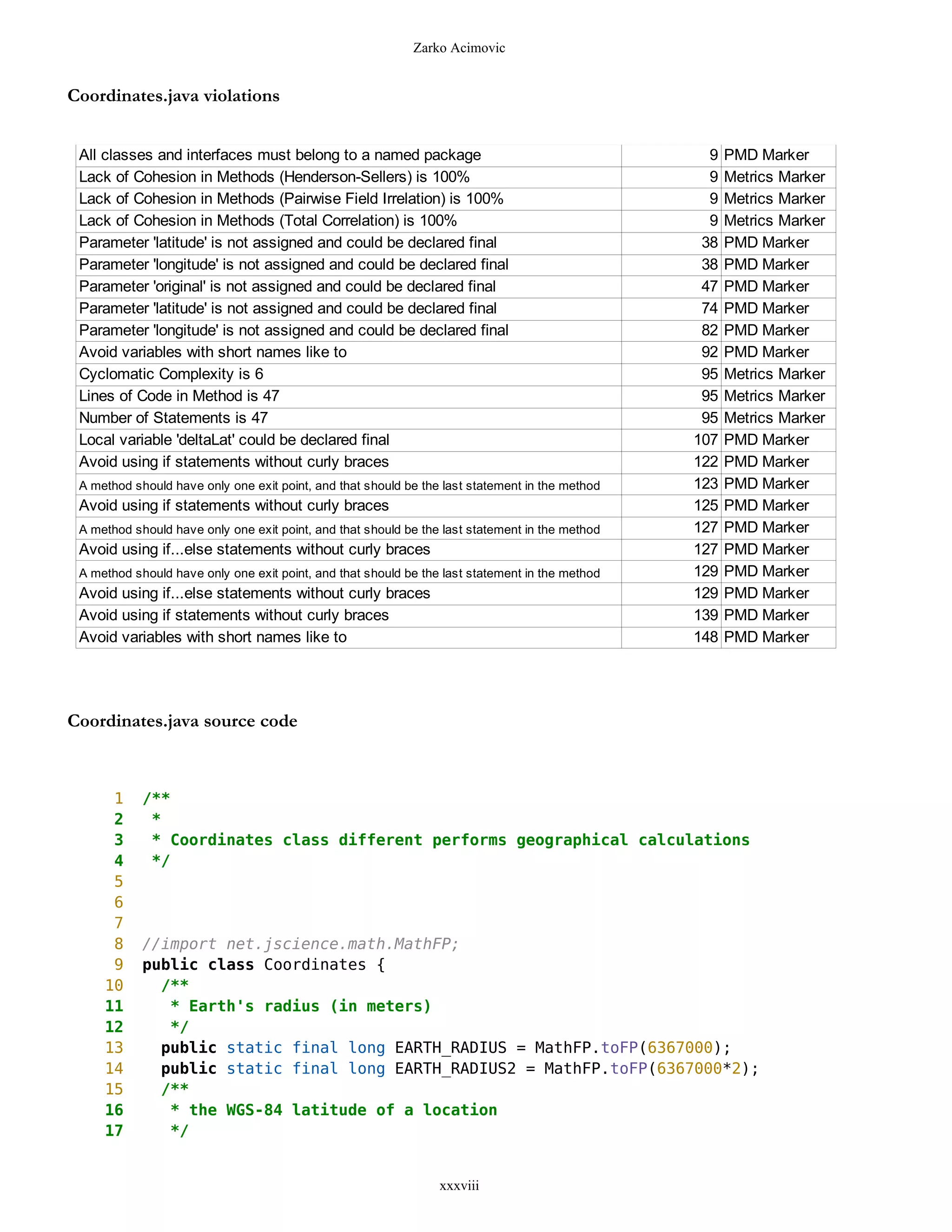 Zarko Acimovic


Coordinates.java violations


 All classes and interfaces must belong to a named package                                         9   PMD Marker
 Lack of Cohesion in Methods (Henderson-Sellers) is 100%                                           9   Metrics Marker
 Lack of Cohesion in Methods (Pairwise Field Irrelation) is 100%                                   9   Metrics Marker
 Lack of Cohesion in Methods (Total Correlation) is 100%                                           9   Metrics Marker
 Parameter 'latitude' is not assigned and could be declared final                                 38   PMD Marker
 Parameter 'longitude' is not assigned and could be declared final                                38   PMD Marker
 Parameter 'original' is not assigned and could be declared final                                 47   PMD Marker
 Parameter 'latitude' is not assigned and could be declared final                                 74   PMD Marker
 Parameter 'longitude' is not assigned and could be declared final                                82   PMD Marker
 Avoid variables with short names like to                                                         92   PMD Marker
 Cyclomatic Complexity is 6                                                                       95   Metrics Marker
 Lines of Code in Method is 47                                                                    95   Metrics Marker
 Number of Statements is 47                                                                       95   Metrics Marker
 Local variable 'deltaLat' could be declared final                                               107   PMD Marker
 Avoid using if statements without curly braces                                                  122   PMD Marker
 A method should have only one exit point, and that should be the last statement in the method   123   PMD Marker
 Avoid using if statements without curly braces                                                  125   PMD Marker
 A method should have only one exit point, and that should be the last statement in the method   127   PMD Marker
 Avoid using if...else statements without curly braces                                           127   PMD Marker
 A method should have only one exit point, and that should be the last statement in the method   129   PMD Marker
 Avoid using if...else statements without curly braces                                           129   PMD Marker
 Avoid using if statements without curly braces                                                  139   PMD Marker
 Avoid variables with short names like to                                                        148   PMD Marker




Coordinates.java source code



      1     /**
      2      *
      3      * Coordinates class different performs geographical calculations
      4      */
      5
      6
      7
      8     //import net.jscience.math.MathFP;
      9     public class Coordinates {
     10       /**
     11        * Earth's radius (in meters)
     12        */
     13       public static final long EARTH_RADIUS = MathFP.toFP(6367000);
     14       public static final long EARTH_RADIUS2 = MathFP.toFP(6367000*2);
     15       /**
     16        * the WGS-84 latitude of a location
     17        */


                                                                 xxxviii
 