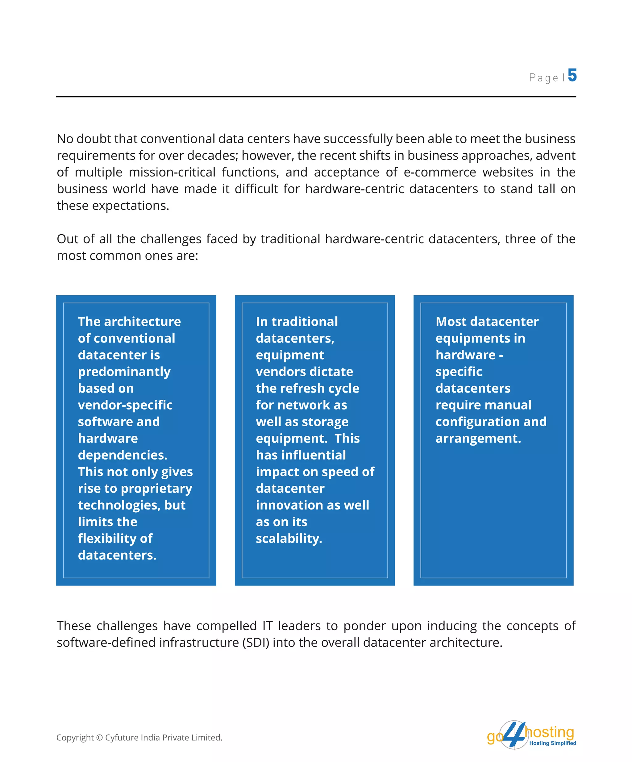 hostingHosting Simplified
go
Page | 5
No doubt that conventional data centers have successfully been able to meet the business
requirements for over decades; however, the recent shifts in business approaches, advent
of multiple mission-critical functions, and acceptance of e-commerce websites in the
business world have made it difficult for hardware-centric datacenters to stand tall on
these expectations.
Out of all the challenges faced by traditional hardware-centric datacenters, three of the
most common ones are:
These challenges have compelled IT leaders to ponder upon inducing the concepts of
software-defined infrastructure (SDI) into the overall datacenter architecture.
The architecture
of conventional
datacenter is
predominantly
based on
vendor-specific
software and
hardware
dependencies.
This not only gives
rise to proprietary
technologies, but
limits the
flexibility of
datacenters.
Copyright © Cyfuture India Private Limited.
In traditional
datacenters,
equipment
vendors dictate
the refresh cycle
for network as
well as storage
equipment. This
has influential
impact on speed of
datacenter
innovation as well
as on its
scalability.
Most datacenter
equipments in
hardware -
specific
datacenters
require manual
configuration and
arrangement.
 