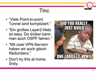 10
Tinc
● “Viele Point-to-point
Tunnel sind kompliziert.”
● “Ein großes Layer2-Netz
ist easy. Da drüber kann
man auch OSPF fahren.”
● “Mit zwei VPN-Servern
haben wir auch gleich
Redundanz.”
● Don't try this at home.
Srsly.
 