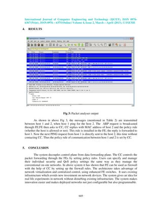 International Journal of Computer Engineering and Technology (IJCET), ISSN 0976-
6367(Print), ISSN 0976 – 6375(Online) Volume 4, Issue 2, March – April (2013), © IAEME
605
4. RESULTS
Fig 3: Packet analyser output
As shown in above Fig 3, the messages (mentioned in Table 2) are transmitted
between host 1 and 2, when host 1 ping for the host 2. The ARP request is broadcasted
through FE.FE then asks to CC, CC replies with MAC address of host 2 and the policy rule
(whether the host is allowed or not). This rule is installed in the FE; the reply is forwarded to
host 1. Now the next PING request from host 1 is directly sent to the host 2, this time without
contacting CC. Thus the policy rule of communication between host 1 and 2 is set by CC.
5. CONCLUSION
The system decouples control plane from data forwarding plane. The CC controls the
packet forwarding through the FEs by setting policy rules. Users can specify and manage
their individual security and QoS policy settings the same way as they manage the
conventional on-site networks. In above system it has shown that FE can be used as firewall
with the help of CC by setting up the firewall rules. The architecture takes advantage of
network virtualization and centralized control, using enhanced FE switches. It uses existing
infrastructure which avoids new investment on network devices. The system gives an idea for
real life experiments in network without disturbing existing infrastructure. The system makes
innovation easier and makes deployed networks not just configurable but also programmable.
 