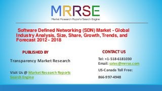 Software Defined Networking (SDN) Market - Global
Industry Analysis, Size, Share, Growth, Trends, and
Forecast 2012 - 2018
PUBLISHED BY
Transparency Market Research
Visit Us @ Market Research Reports
Search Engine
CONTACT US
Tel: +1-518-6181030
Email: sales@mrrse.com
US-Canada Toll Free:
866-997-4948
 
