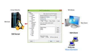 Mininet
My Client
Linux Ubuntu Windows
SSH Server
SSH Client
SSH Protocol
Port 22
Putty.exe
More information
 