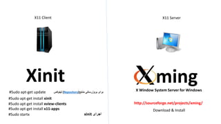 X11 Client X11 Server
Xinit ming
#Sudo apt-get install xinit
#Sudo apt-get install xview-clients
#Sudo apt-get install x11-apps
http://sourceforge.net/projects/xming/
Download & Install
X Window System Server for Windows#Sudo apt-get update
#Sudo startx
‫منابع‬ ‫بروزرسانی‬ ‫برای‬(Repository)‫لینوکس‬
‫اجرای‬xinit
 