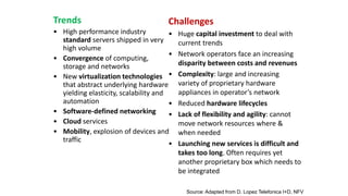 Trends
• High performance industry
standard servers shipped in very
high volume
• Convergence of computing,
storage and networks
• New virtualization technologies
that abstract underlying hardware
yielding elasticity, scalability and
automation
• Software-defined networking
• Cloud services
• Mobility, explosion of devices and
traffic
Challenges
• Huge capital investment to deal with
current trends
• Network operators face an increasing
disparity between costs and revenues
• Complexity: large and increasing
variety of proprietary hardware
appliances in operator’s network
• Reduced hardware lifecycles
• Lack of flexibility and agility: cannot
move network resources where &
when needed
• Launching new services is difficult and
takes too long. Often requires yet
another proprietary box which needs to
be integrated
Source: Adapted from D. Lopez Telefonica I+D, NFV
 