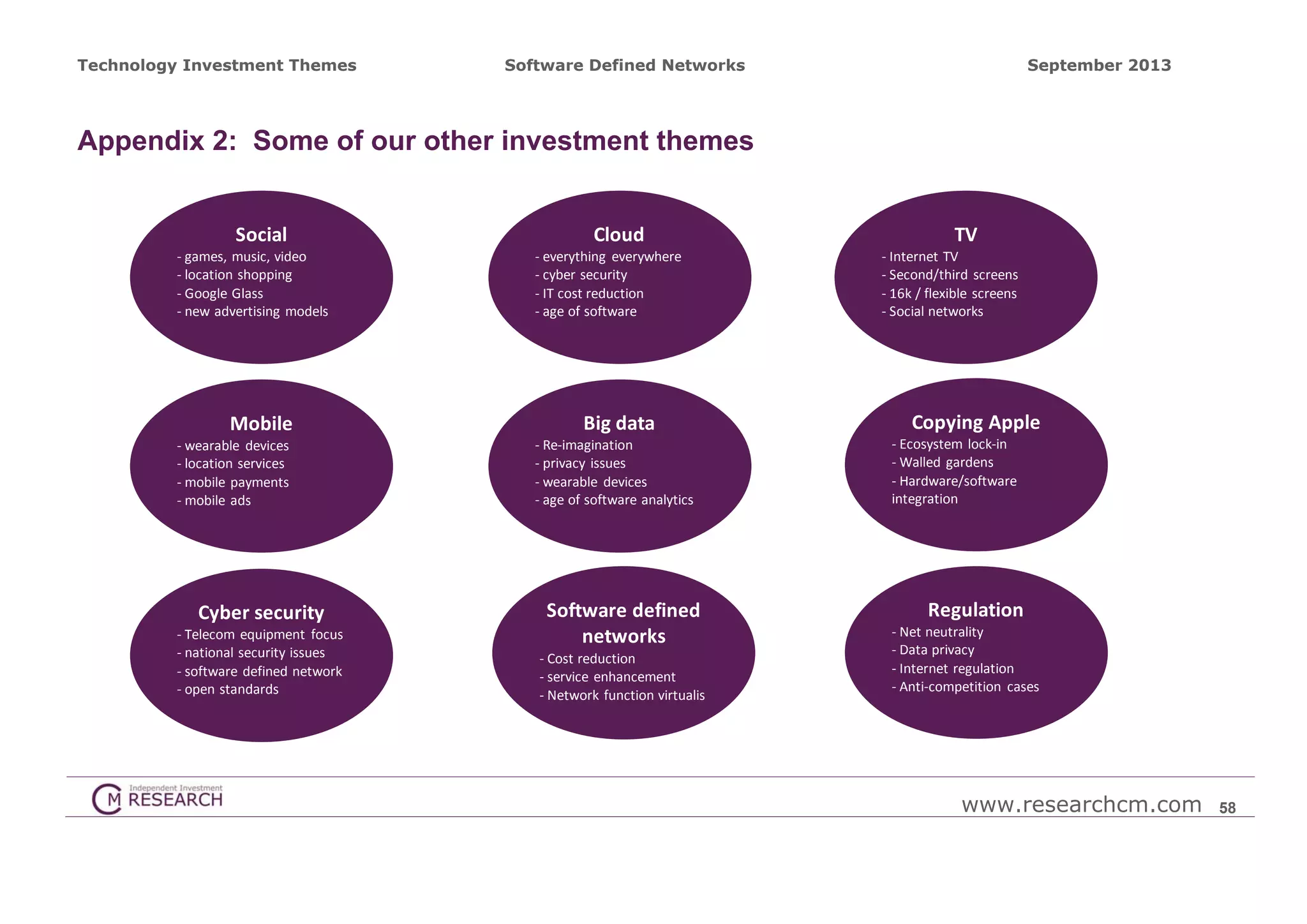 Technology Investment Themes

Software Defined Networks

September 2013

Appendix 2: Some of our other investment themes
Social
‐ games, music, video
‐ location shopping
‐ Google Glass
‐ new advertising  models

Mobile
‐ wearable  devices
‐ location services
‐ mobile  payments
‐ mobile  ads

Cyber security
‐ Telecom  equipment  focus
‐ national security issues
‐ software  defined network
‐ open standards

Cloud
‐ everything  everywhere
‐ cyber security 
‐ IT cost reduction
‐ age of software

Big data
‐ Re‐imagination 
‐ privacy  issues
‐ wearable  devices
‐ age of software analytics

Software defined
networks
‐ Cost reduction
‐ service  enhancement
‐ Network  function virtualis

TV
‐ Internet TV
‐ Second/third  screens
‐ 16k / flexible  screens
‐ Social networks

Copying Apple
‐ Ecosystem  lock‐in
‐ Walled  gardens
‐ Hardware/software 
integration

Regulation
‐ Net neutrality
‐ Data privacy
‐ Internet regulation
‐ Anti‐competition  cases

www.researchcm.com

58

 