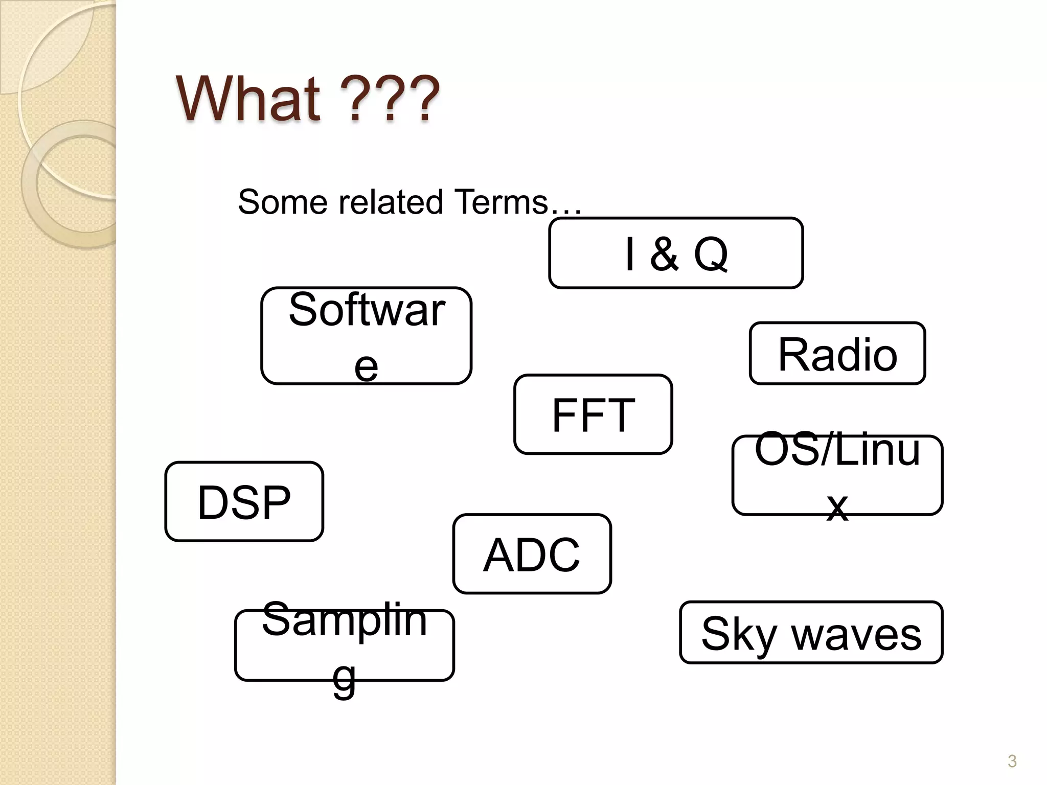 What ???
 Some related Terms…
                       I&Q
   Softwar
      e                      Radio
                  FFT
                             OS/Linu
DSP                            x
              ADC
  Samplin                Sky waves
    g
                                       3
 