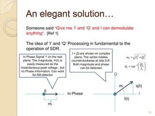 An elegant solution…
   Someone said “Give me „I‟ and „Q‟ and I can demodulate
   anything”. [Ref 1]

   The idea of „I‟ and „Q‟ Processing in fundamental to the
   operation of SDR.
                                      I + jQ are shown on complex
  In Phase Signal „I‟ on the real       plane. The vector rotates
  plane. The magnitude, m(t) is       counterclockwise at rate 2πF.
     easily measured as the            Both magnitude and phase
instantaneous peak voltage , but             can be detected
no Phase Information. Can work
         for AM detector                                              Q


                                                                          mt          q(t)
                 0
                                    In Phase                                           I
                                                                               I(t)
                     mt

                                                                                             15
 