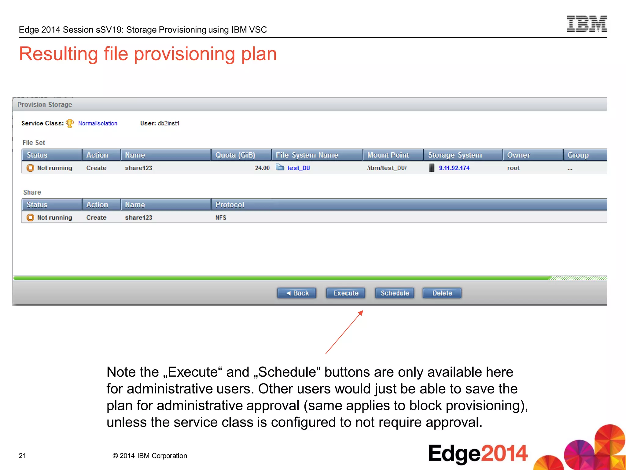 © 2014 IBM Corporation
Edge 2014 Session sSV19: Storage Provisioning using IBM VSC
Resulting file provisioning plan
21
Note the „Execute“ and „Schedule“ buttons are only available here
for administrative users. Other users would just be able to save the
plan for administrative approval (same applies to block provisioning),
unless the service class is configured to not require approval.
 
