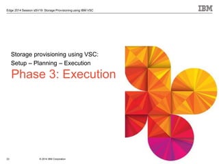 © 2014 IBM Corporation
Edge 2014 Session sSV19: Storage Provisioning using IBM VSC
Phase 3: Execution
Storage provisioning using VSC:
Setup – Planning – Execution
23
 