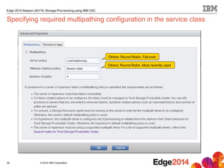 © 2014 IBM Corporation
Edge 2014 Session sSV19: Storage Provisioning using IBM VSC
Specifying required multipathing configuration in the service class
36
Others: Round-Robin, Fail-over
Others: Round-Robin, Most recently used
 