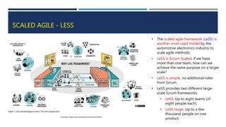 SCALED AGILE - LESS
• The scaled agile framework (LeSS) is
another most used model by the
automotive electronics industry to
scale agile methods.
• LeSS is Scrum Scaled, if we have
more than one team, how can we
achieve the same purpose on a larger
scale?
• LeSS is simple, no additional roles
from Scrum.
• LeSS provides two different large-
scale Scrum frameworks.
• LeSS: Up to eight teams (of
eight people each).
• LeSS Huge: Up to a few
thousand people on one
product.
Courtesy: https://less.works/less/framework/index
 