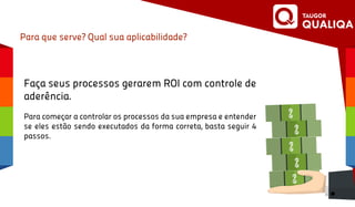 $
$
$
$
$
Para que serve? Qual sua aplicabilidade?
Faça seus processos gerarem ROI com controle de
aderência.
Para começar a controlar os processos da sua empresa e entender
se eles estão sendo executados da forma correta, basta seguir 4
passos.
 