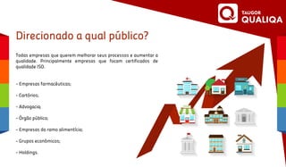 Direcionado a qual público?
Todas empresas que querem melhorar seus processos e aumentar a
qualidade. Principalmente empresas que focam certificados de
qualidade ISO.
- Empresas farmacêuticas;
- Cartórios;
- Advogacia;
- Órgão público;
- Empresas do ramo alimentício;
- Grupos econômicos;
- Holdings.
$
STORE
POLICE
POLICE
STORE
$
POLICE
$
STORE
 
