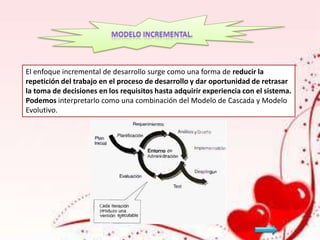 El enfoque incremental de desarrollo surge como una forma de reducir la
repetición del trabajo en el proceso de desarrollo y dar oportunidad de retrasar
la toma de decisiones en los requisitos hasta adquirir experiencia con el sistema.
Podemos interpretarlo como una combinación del Modelo de Cascada y Modelo
Evolutivo.

 