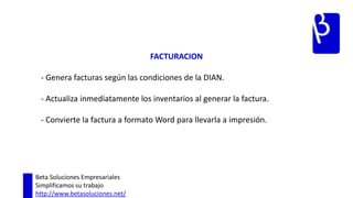 MOVIMIENTOS- Permite hacer consultas de los movimientos que ha hecho cada materia prima, o cada producto terminado. - Muestra en una pantalla de fácil interpretación la cantidad de artículos que han sufrido el movimiento, y la fecha de este. - Los movimientos son especificados según su naturaleza (Orden de producción, ingreso a almacén, venta)Beta Soluciones EmpresarialesSimplificamos su trabajohttp://www.betasoluciones.net/