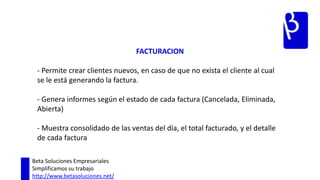 COMPRAS- Crea órdenes de compra según su naturaleza (Materia Prima, Producto Terminado, Otras Compras). - Las órdenes de compra están asociadas con cada proveedor, de esta manera es posible clasificar los proveedores según las soluciones que cada uno brinde a la empresa. - Calcula de manera automática el valor de la orden de compra, según las condiciones que haya establecido el proveedor.Beta Soluciones EmpresarialesSimplificamos su trabajohttp://www.betasoluciones.net/