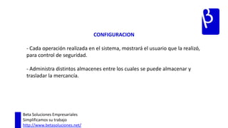 FACTURACION- Permite crear clientes nuevos, en caso de que no exista el cliente al cual se le está generando la factura. - Genera informes según el estado de cada factura (Cancelada, Eliminada, Abierta) - Muestra consolidado de las ventas del día, el total facturado, y el detalle de cada facturaBeta Soluciones EmpresarialesSimplificamos su trabajohttp://www.betasoluciones.net/