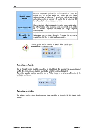 132




                            Reduce el tamaño aparente de los caracteres de fuente de
                            forma que se ajusten todos los datos de una celda
        Reducir hasta
                            seleccionada a la columna. El tamaño de carácter se ajusta
           ajustar          automáticamente al cambiar el ancho de la columna. El
                            tamaño de la fuente aplicada no cambia.

                            Combina dos o más celdas seleccionadas en una sola celda.
                            La referencia de celda para una celda combinada es la celda
      Combinar celdas       de la esquina superior izquierda del rango original
                            seleccionado.

        Dirección del       Seleccione una opción en el cuadro Dirección del texto para
            texto           especificar el orden de lectura y la alineación.



                        También, puede realizar cambios en la ficha Inicio y en el grupo
                        Alineación de la cinta de opciones.




      Formatos de Fuente

      En la ficha Fuente, puede encontrar la posibilidad de cambiar la apariencia del
      texto, del mismo modo que se cambiaba en el programa de Word.
      También, puede realizar cambios en la Ficha Inicio y en el grupo Fuente de la
      cinta de opciones.




      Formatos de bordes

      Se utilizan los formatos de alineación para cambiar la posición de los datos en la
      celda.




CARRERAS PROFESIONALES                                                                     CIBERTEC
 