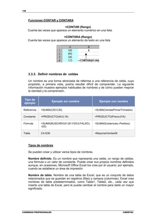 146




      Funciones CONTAR y CONTARA

                                 =CONTAR (Rango)
      Cuenta las veces que aparece un elemento numérico en una lista.

                                =CONTARA (Rango)
      Cuenta las veces que aparece un elemento de texto en una lista




      3.3.3. Definir nombres de celdas

      Un nombre es una forma abreviada de referirse a una referencia de celda, cuyo
      propósito, a primera vista, podría resultar difícil de comprender. La siguiente
      información muestra ejemplos habituales de nombres y de cómo pueden mejorar
      la claridad y la comprensión.


 Tipo de
                         Ejemplo sin nombre                    Ejemplo con nombre
 ejemplo

 Referencia    =SUMA(C20:C30)                               =SUMA(VentasPrimerTrimestre)

 Constante     =PRODUCTO(A5;0,16)                           =PRODUCTO(Precio;IVA)

 Fórmula       =SUMA(BUSCARV(A1;B1:F20;5;FALSO);            =SUMA(Existencias;-Pedidos)
               -G5)

 Tabla         C4:G36                                       =MayoresVentas06



      Tipos de nombres

      Se pueden crear y utilizar varios tipos de nombres.

      Nombre definido. Es un nombre que representa una celda, un rango de celdas,
      una fórmula o un valor de constante. Puede crear sus propios nombres definidos
      aunque, en ocasiones, Microsoft Office Excel los crea por el usuario; por ejemplo,
      cuando se establece un área de impresión.

      Nombre de tabla. Nombre de una tabla de Excel, que es un conjunto de datos
      relacionados que se guardan en registros (filas) y campos (columnas). Excel crea
      nombres de tabla predeterminados, como Tabla1, Tabla2, etc., cada vez que
      inserte una tabla de Excel, pero le puede cambiar el nombre para darle un mayor
      significado.




CARRERAS PROFESIONALES                                                           CIBERTEC
 