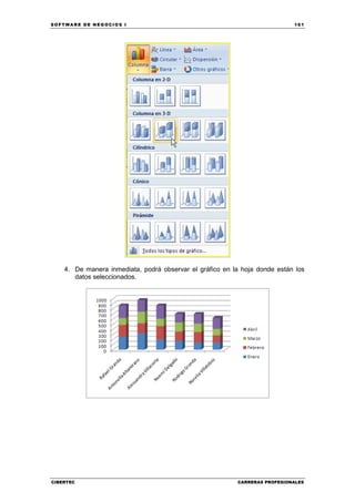 SOFTWARE DE NEGOCIOS I                                                      161




    4. De manera inmediata, podrá observar el gráfico en la hoja donde están los
       datos seleccionados.




CIBERTEC                                                  CARRERAS PROFESIONALES
 