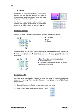 28




     1.2.2. Tablas

     Las tablas se componen de filas y columnas de
     celdas que se pueden rellenar con texto y
     gráficos. Las tablas se utilizan a menudo para
     organizar y presentar información.

     También, puede utilizar tablas para crear
     diseños de página interesantes o crear texto,
     gráficos y tablas anidadas en una página Web.


     Partes de una tabla

     Resulta útil saber cómo se denominan las diversas partes de una tabla.

                                                      Columna
                                                      Fila
                                                      Celda




     Algunas partes de una tabla sólo pueden verse si muestra todas las marcas de
     formato haciendo clic en   Mostrar todo       que está en el grupo Párrafo en la
     ficha Inicio.

                                          Controlador de movimiento de tablas
                                          Marca de fin de fila
                                          Controlador de ajuste de tamaño de tablas
                                          Marca de fin de celda




     Insertar una tabla

     Microsoft Word ofrece varias maneras de crear una tabla. La manera más idónea
     depende de cómo prefiera trabajar el usuario y del grado de complejidad que
     tenga la tabla.

     1. Coloque el cursor en el lugar en que desee crear una tabla.

     2. Seleccione la ficha Insertar y el comando Tabla




CARRERAS PROFESIONALES                                                        CIBERTEC
 
