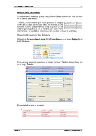SOFTWARE DE NEGOCIOS I                                                              35




    Ordenar datos de una tabla

    Al ordenar texto en tablas, puede seleccionar si desea ordenar una sola columna
    de la tabla o toda la tabla.

    También, puede ordenar por varias palabras o campos
    dentro de una sola columna de tabla. Por ejemplo, si una
    columna contiene tanto el nombre como el apellido, podrá
    ordenar por el apellido o por el nombre, tal y como haría
    si el nombre y el apellido se encontrasen en una lista en lugar de una tabla.

    Haga clic sobre cualquier dato de la tabla.

    Seleccione Herramientas de tabla, ficha Presentación, en el grupo Datos elija el
    botón Ordenar.




    En la ventana siguiente, seleccione el campo Nombre y Apellido. Luego, haga clic
    en el botón Aceptar.




    El resultado final será el siguiente:




CIBERTEC                                                        CARRERAS PROFESIONALES
 