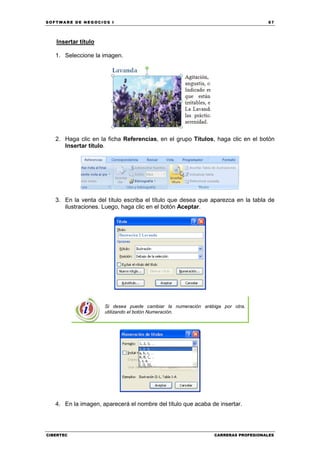 SOFTWARE DE NEGOCIOS I                                                            67




   Insertar título

   1. Seleccione la imagen.




   2. Haga clic en la ficha Referencias, en el grupo Títulos, haga clic en el botón
      Insertar título.




   3. En la venta del título escriba el título que desea que aparezca en la tabla de
      ilustraciones. Luego, haga clic en el botón Aceptar.




                     Si desea puede cambiar la numeración arábiga por otra,
                     utilizando el botón Numeración.




   4. En la imagen, aparecerá el nombre del título que acaba de insertar.




CIBERTEC                                                       CARRERAS PROFESIONALES
 