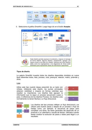 SOFTWARE DE NEGOCIOS I                                                                     87




   3. Seleccione el gráfico SmartArt. Luego haga clic en el botón Aceptar.




                      Cada diseño permite expresar el contenido y mejorar el mensaje
                      de forma distinta. Algunos diseños, simplemente, agregan una
                      mejora visual a una lista con viñetas, mientras que otros diseños
                      (tales como los organigramas o los diagramas de Venn) están
                      diseñados para representar clases de información específicas.



    Tipos de diseño

    La galería SmartArt muestra todos los diseños disponibles divididos en nueve
    tipos diferentes todos, lista, proceso, ciclo, jerarquía, relación, matriz, pirámide y
    otros.

    Lista

    Utilice este tipo cuando desea prescindir de un texto con
    viñetas. Utilizando este diseño, los puntos principales
    obtienen visibilidad e impacto en formas coloridas que
    resaltan su importancia. Los diseños lista agrupan la
    información que no sigue un proceso secuencial o paso a
    paso. A diferencia de los diseños Proceso, los diseños Lista
    normalmente no tienen flechas o un flujo direccional.

    Proceso
                       Los diseños del tipo proceso reflejan un flujo direccional y se
                       utilizan para ilustrar pasos o etapas de un proceso o flujo de
                       trabajo como, por ejemplo, la secuencia de pasos para
                       completar una tarea, las fases generales del desarrollo de un
                       producto o un calendario o escala de tiempo. Utilícelos cuando
                       desee mostrar la evolución de pasos o fases para llegar a un
                       resultado.



CIBERTEC                                                                CARRERAS PROFESIONALES
 