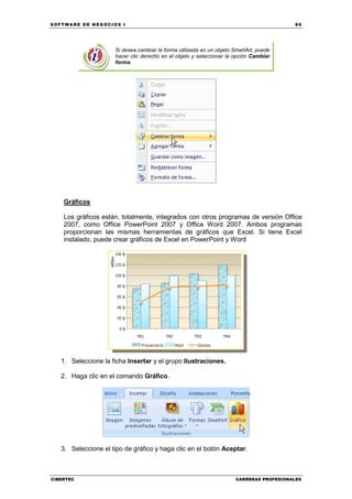 SOFTWARE DE NEGOCIOS I                                                                   89




                     Si desea cambiar la forma utilizada en un objeto SmartArt, puede
                     hacer clic derecho en el objeto y seleccionar la opción Cambiar
                     forma.




    Gráficos

    Los gráficos están, totalmente, integrados con otros programas de versión Office
    2007, como Office PowerPoint 2007 y Office Word 2007. Ambos programas
    proporcionan las mismas herramientas de gráficos que Excel. Si tiene Excel
    instalado, puede crear gráficos de Excel en PowerPoint y Word




   1. Seleccione la ficha Insertar y el grupo Ilustraciones.

   2. Haga clic en el comando Gráfico.




   3. Seleccione el tipo de gráfico y haga clic en el botón Aceptar.



CIBERTEC                                                              CARRERAS PROFESIONALES
 