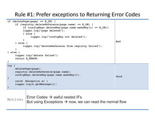 Rule #1: Prefer exceptions to Returning Error Codes
Error Handling
if (deletePage(page) == E_OK) {
if (registry.deleteReference(page.name) == E_OK) {
if (configKeys.deleteKey(page.name.makeKey()) == E_OK){
logger.log("page deleted");
} else {
logger.log("configKey not deleted");
}
} else {
logger.log("deleteReference from registry failed");
}
} else {
logger.log("delete failed");
return E_ERROR;
}
Bad
try {
deletePage(page);
registry.deleteReference(page.name);
configKeys.deleteKey(page.name.makeKey());
}
catch (Exception e) {
logger.log(e.getMessage());
}
Good
Motive:
Error Codes  awful nested IFs
But using Exceptions  now, we can read the normal flow
 