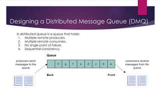Designing a Distributed Message Queue (DMQ)
A distributed queue is a queue that holds:
1. Multiple remote producers.
2. Multiple remote consumers.
3. No single point of failure.
4. Sequential consistency.
 