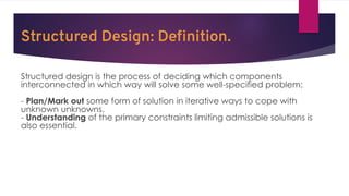 Structured Design: Deﬁnition.
Structured design is the process of deciding which components
interconnected in which way will solve some well-specified problem:
- Plan/Mark out some form of solution in iterative ways to cope with
unknown unknowns.
- Understanding of the primary constraints limiting admissible solutions is
also essential.
 