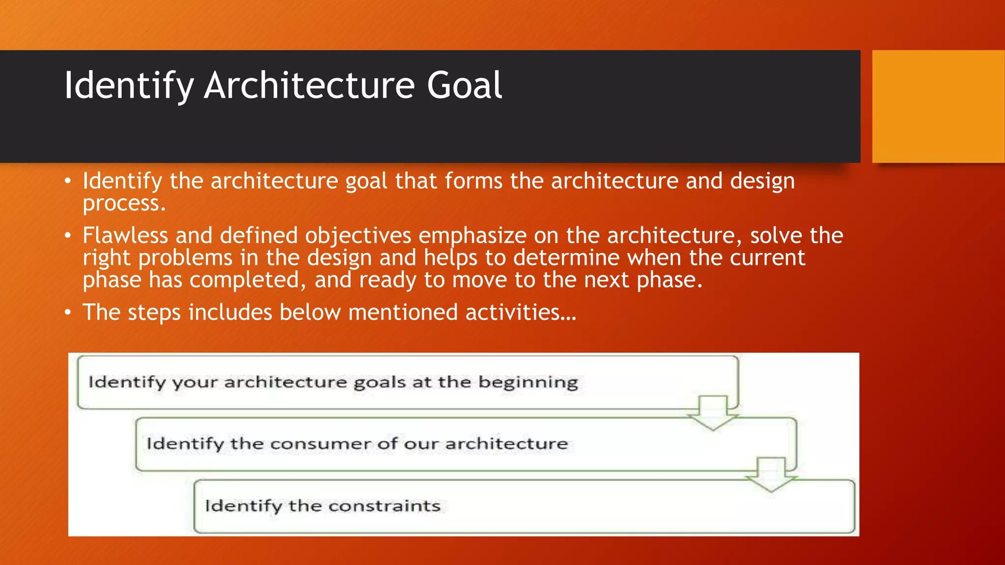 Identify Architecture Goal
• Identify the architecture goal that forms the architecture and design
process.
• Flawless and defined objectives emphasize on the architecture, solve the
right problems in the design and helps to determine when the current
phase has completed, and ready to move to the next phase.
• The steps includes below mentioned activities…
 