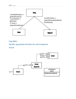 26 | P a g e
Step-III(b)
Identify Appropriate Interfaces for each Component
Search
1.fineNotification :=
getNotification()
2.userDetails :=
getUser()
3. email :=
acquireEmail(user)
4.confirmation :=
reportGenerateAndSend
(fineDetails)
 