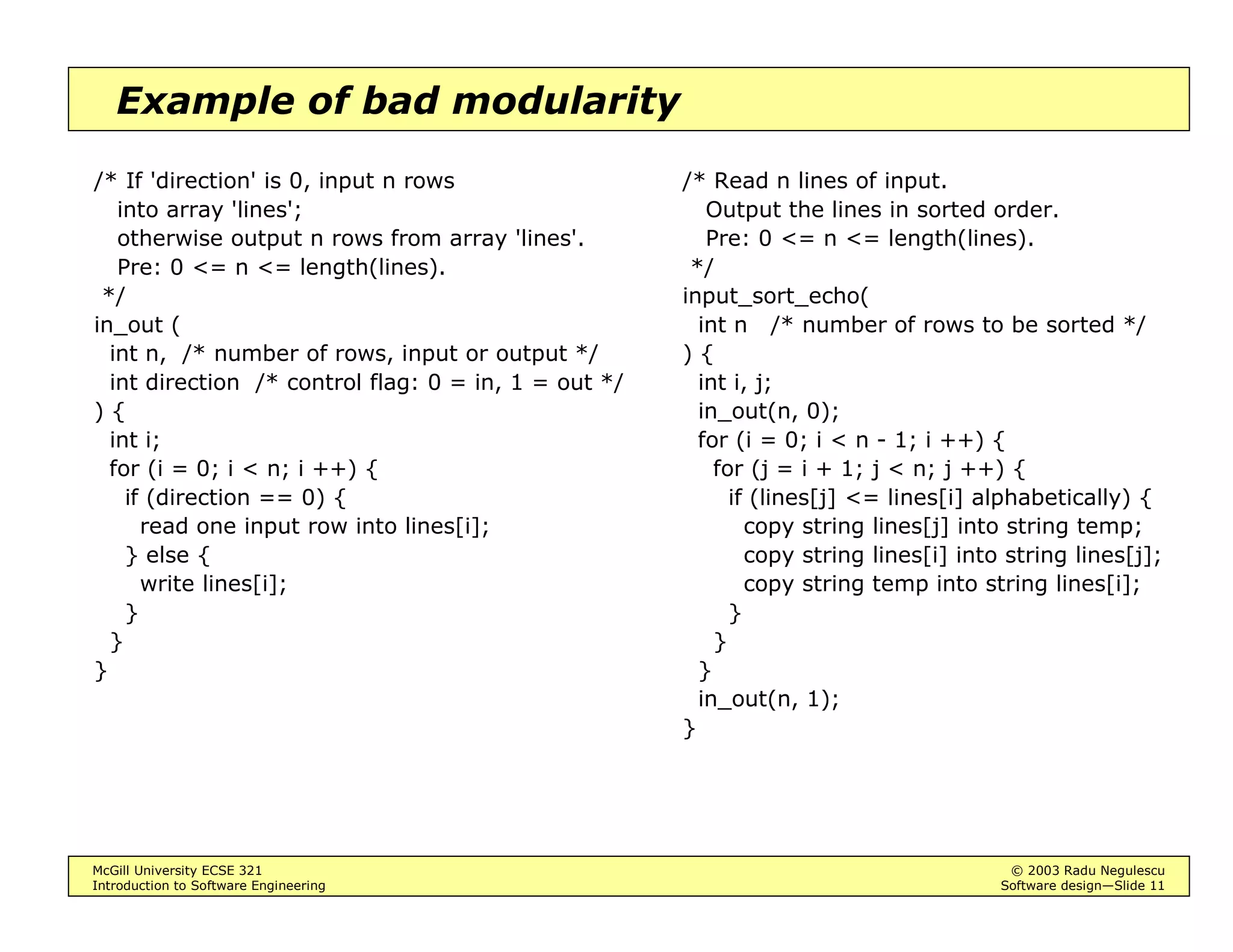 McGill University ECSE 321 © 2003 Radu Negulescu
Introduction to Software Engineering Software design—Slide 11
Example of bad modularity
/* If 'direction' is 0, input n rows
into array 'lines';
otherwise output n rows from array 'lines'.
Pre: 0 <= n <= length(lines).
*/
in_out (
int n, /* number of rows, input or output */
int direction /* control flag: 0 = in, 1 = out */
) {
int i;
for (i = 0; i < n; i ++) {
if (direction == 0) {
read one input row into lines[i];
} else {
write lines[i];
}
}
}
/* Read n lines of input.
Output the lines in sorted order.
Pre: 0 <= n <= length(lines).
*/
input_sort_echo(
int n /* number of rows to be sorted */
) {
int i, j;
in_out(n, 0);
for (i = 0; i < n - 1; i ++) {
for (j = i + 1; j < n; j ++) {
if (lines[j] <= lines[i] alphabetically) {
copy string lines[j] into string temp;
copy string lines[i] into string lines[j];
copy string temp into string lines[i];
}
}
}
in_out(n, 1);
}
 