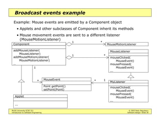 McGill University ECSE 321 © 2003 Radu Negulescu
Introduction to Software Engineering Software design—Slide 35
Pipe-and-filter
Filters: processing subsystems
• Executing concurrently
Pipes: associations between filters
• Data transfer
• Synchronization
E.g. UNIX shell [BD]
ps grep sort more
 