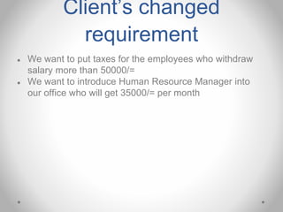 Client’s changed
requirement
● We want to put taxes for the employees who withdraw
salary more than 50000/=
● We want to introduce Human Resource Manager into
our office who will get 35000/= per month
 