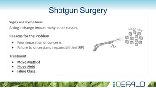 Shotgun Surgery
Signs and Symptoms
A single change impact many other classes.
Reasons for the Problem
● Poor separation of concerns.
● Failure to understand responsibilities(SRP)
Treatment
● Move Method
● Move Field
● Inline Class.
 