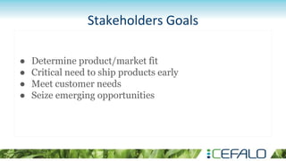 Stakeholders Goals
● Determine product/market fit
● Critical need to ship products early
● Meet customer needs
● Seize emerging opportunities
 