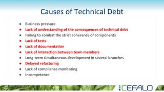 Causes of Technical Debt
● Business pressure
● Lack of understanding of the consequences of technical debt
● Failing to combat the strict coherence of components
● Lack of tests
● Lack of documentation
● Lack of interaction between team members
● Long-term simultaneous development in several branches
● Delayed refactoring
● Lack of compliance monitoring
● Incompetence
 