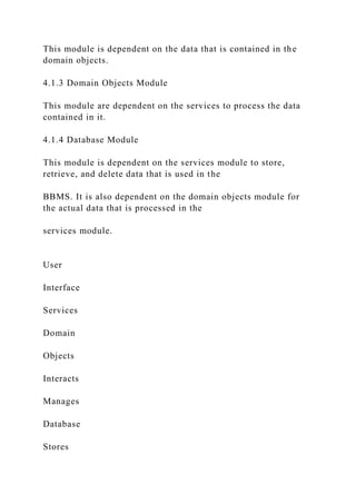 This module is dependent on the data that is contained in the
domain objects.
4.1.3 Domain Objects Module
This module are dependent on the services to process the data
contained in it.
4.1.4 Database Module
This module is dependent on the services module to store,
retrieve, and delete data that is used in the
BBMS. It is also dependent on the domain objects module for
the actual data that is processed in the
services module.
User
Interface
Services
Domain
Objects
Interacts
Manages
Database
Stores
 