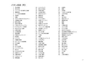 1 ⾃⽴地域
2 町の分布
3 フィンガー状の都市と⽥園
4 農業渓⾕
5 レース状の⽥園道路
6 ⽥舎町
7 ⽥園
8 モザイク状のサブカルチャー
9 仕事場の分散
10 都市の魔⼒
11 地区交通区域
12 7000⼈のコミュニティ
13 サブカルチャーの境界
14 ⾒分けやすい近隣
15 近隣の境界
16 公共輸送網
17 環状道路
18 学習のネットワーク
19 商店網
20 ミニバス
21 4階建の制限
22 9パーセントの駐⾞場
23 平⾏道路
24 聖地
25 ⽔への近接
26 ライフサイクル
27 男と⼥
28 中⼼をはずれた核
29 密度のリング
30 活動の節点
31 プロムナード
32 買物道路
33 ナイトライフ
34 乗りかえ地点
35 世帯の混合
36 公共度の変化
37 住宅クラスター
38 連続住宅
39 段状住宅
40 どこにも⽼⼈
41 仕事コミュニティ
42 ⼯業の帯
43 市場のような⼤学
44 地区タウンホール
45 コミュニティ活動の輪
46 多店舗マーケット
47 保健センター
48 あいだの家
49 ループ状の地区道路
50 T字路
51 緑路
52 ⼈と⾞のネットワーク
53 ⼤きな⾨⼝
54 横断道路
55 ⼩⾼い歩道
56 ⾃転⾞路と置場
57 都市の⼦供
58 カーニバル
59 静かな奥
60 ⼿近な緑
61 ⼩さな広場
62 ⼩⾼い場所
63 街頭の踊り
64 池と⼩川
65 出産所
66 聖域
67 共有地
68 つながった遊び場
69 公共⼾外室
70 墓地
71 泳げる⽔
72 地区スポーツ
73 冒険遊び場
74 動物
75 家族
76 ⼩家族の家
77 ふたりの家
78 ひとりの家
79 ⾃分だけの住まい
80 ⾃主管理の作業場とオフィス
81 形式ぬきの⼩さな窓⼝
82 事務室のつながり
83 師匠と弟⼦
84 ⼗代の社会
85 店先学校
86 ⼦供の家
87 個⼈商店
88 路上カフェ
89 ⾓の⽇⽤店
90 ビアホール
91 旅⼈の宿
92 バス停
93 屋台
94 ⼈前の居眠り
パタン⾔語（町）
27
 