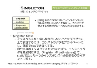 37http://p-monster.hatenablog.com/archive/category/デザインパターン
Singleton
(例：ウィンドウマネジャ)
たった⼀つのインスタンスを保証
•  Singleton Class
•  インスタンスが１個しか存在しないことをプログラム
上で表現するには、コンストラクタをプライベートに
し、外部でnewできなくする。
•  ⾃分⾃⾝のインスタンスをstaticで持ち、コンストラク
タを⾮公開にする。Singleton の getInstance() で、
staticでたった⼀つのインスタンスへの参照をクライア
ントに返す。
•  [⽬的] あるクラスに対してインスタンスが１
つしか存在しないことを保証し，それにアク
セスするためのグローバルな⽅法を提供する．
 