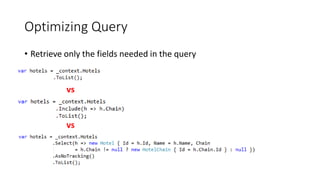 Optimizing Query
• Retrieve only the fields needed in the query
vs
vs
 
