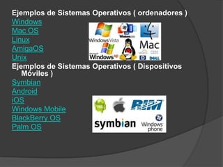 Ejemplos de Sistemas Operativos ( ordenadores )WindowsMac OSLinuxAmigaOSUnixEjemplos de Sistemas Operativos ( Dispositivos Móviles )SymbianAndroidiOSWindows MobileBlackBerry OSPalm OS