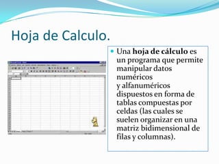 Hoja de Calculo.	Una hoja de cálculo es un programa que permite manipular datos numéricos y alfanuméricos dispuestos en forma de tablas compuestas por celdas (las cuales se suelen organizar en una matriz bidimensional de filas y columnas).