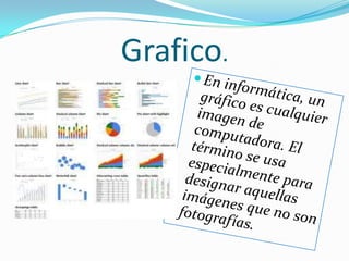 Grafico.En informática, un gráfico es cualquier imagen de computadora. El término se usa especialmente para designar aquellas imágenes que no son fotografías.