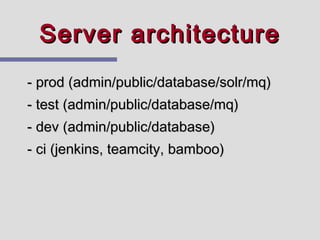 Server architecture
- prod (admin/public/database/solr/mq)
- test (admin/public/database/mq)
- dev (admin/public/database)
- ci (jenkins, teamcity, bamboo)
 